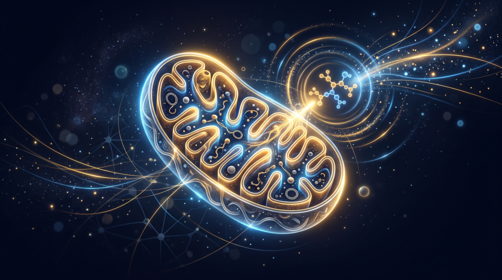 Abstracte illustratie van een mitochondrion in de merkkleuren